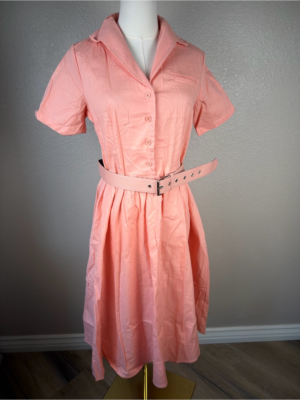 NWT Vintage-Inspired Salmon Belted Midi Shirt Dress 1950’s Rockabilly, Large - Picture 4 of 8